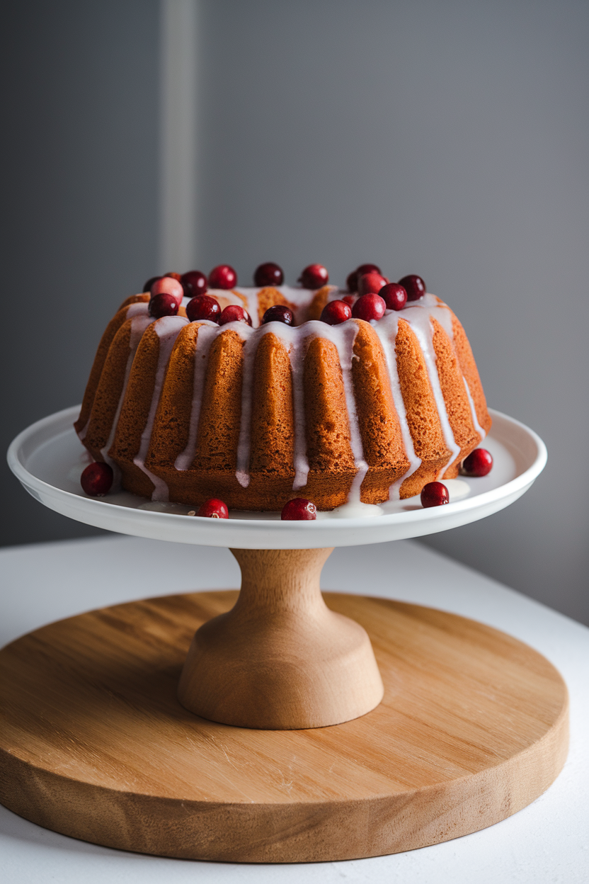 Indoor cake stand holding a tall cranberry orange bundt cake glazed lightly and dotted with whole cranberries; no text or logos. Photo, not illustration.