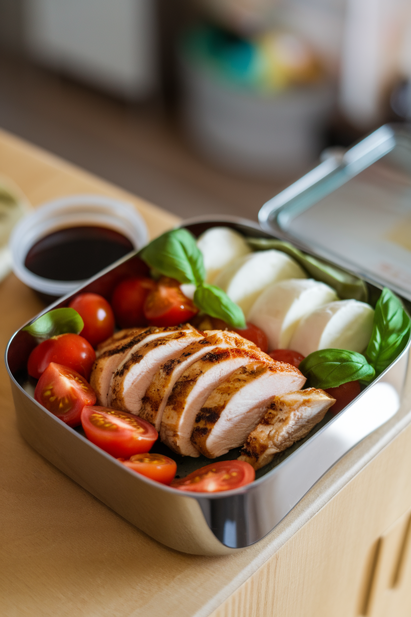 A bento-style lunch box indoors containing sliced grilled chicken breast, cherry tomatoes, mozzarella pieces, and basil leaves, drizzle of balsamic on the side. No text or logos.