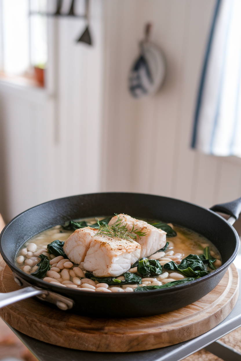Photo of a skillet containing flaky cod atop white beans and wilted spinach in light broth, indoor kitchen. No text or logos.</Prompt