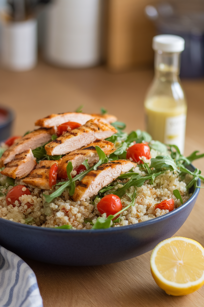 Indoor kitchen table holding a large bowl of quinoa tossed with grilled chicken strips, arugula, cherry tomatoes, and lemon vinaigrette; no text or logos, photo style.