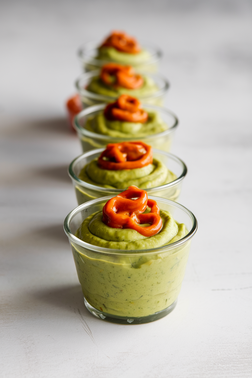 Indoor row of clear mini cups filled with creamy green edamame dip, sweet chili sauce swirl on top. No text or logos.