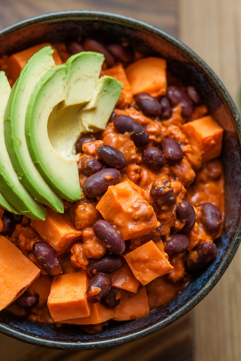 Indoor photo of a deep bowl brimming with chunky sweet potato cubes and black beans in a rich chili sauce, garnished with avocado slices; no text or logos.