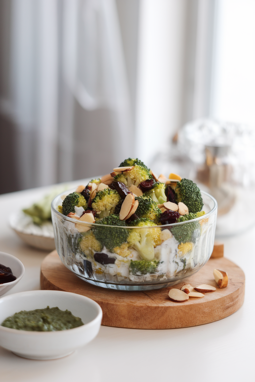 A bright indoor table showing a glass bowl filled with bite-size broccoli florets, dried cherries, and sliced almonds coated in a light yogurt dressing. No visible text or logos. Photo.