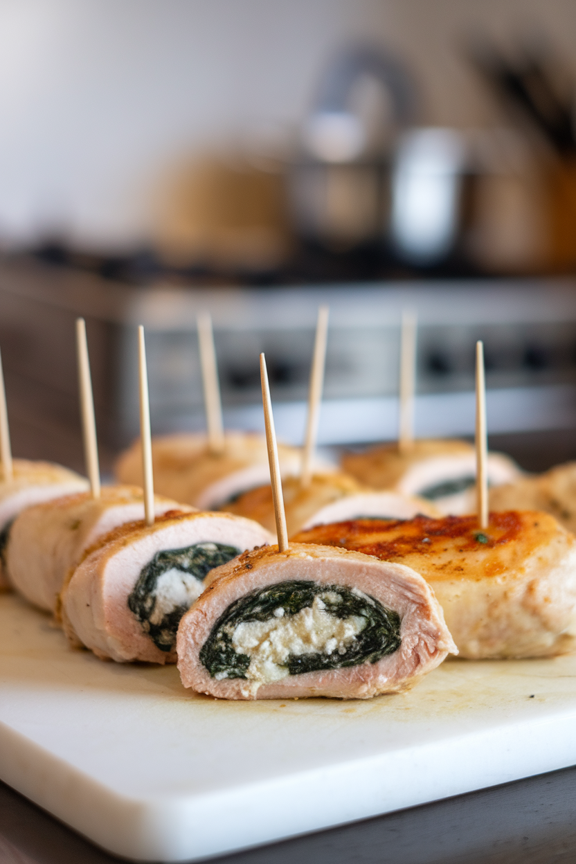 An indoor cutting board displaying cooked chicken breast rolls sliced open to reveal spinach and feta filling, toothpicks removed. No logos or text. Photo only.