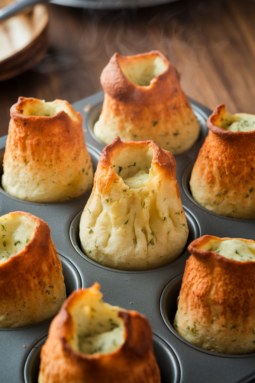 Photo of an indoor muffin tin holding tall, airy popovers with flecks of herbs, steam gently rising. No text or logos visible.