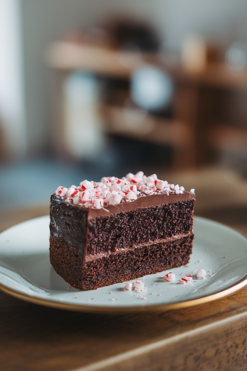 An indoor dessert plate featuring a slice of dense dark chocolate cake with a sprinkle of crushed peppermint candies. Photo, no text or logos.
