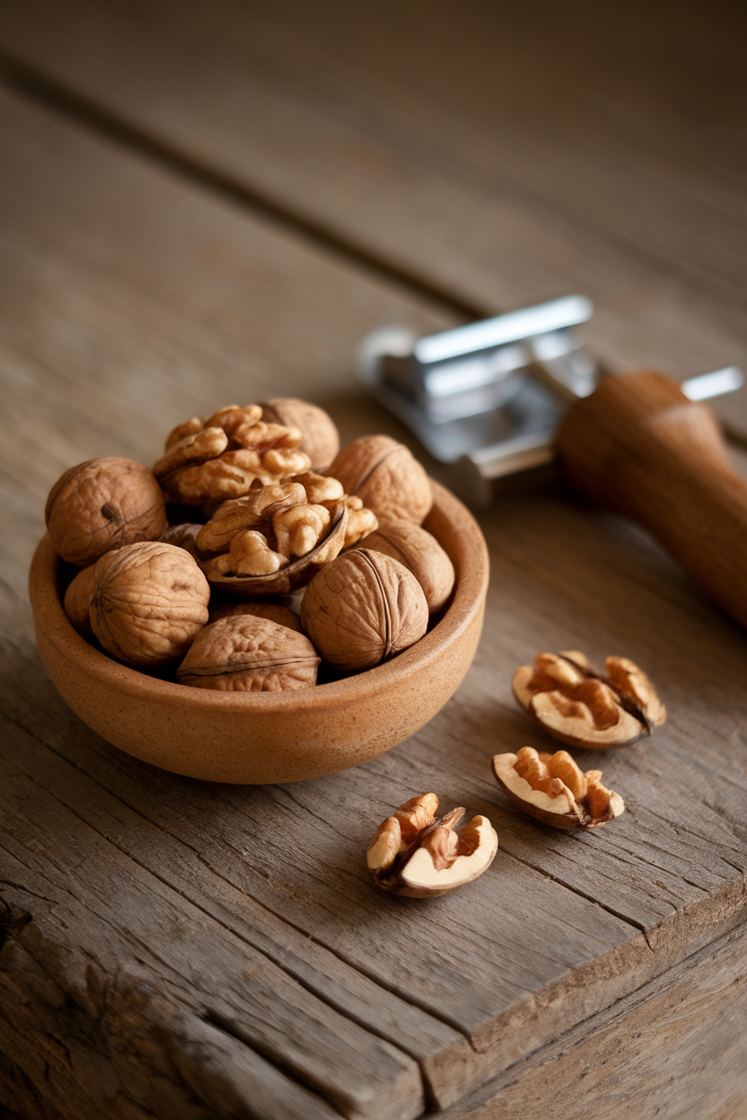 Indoor bowl of walnut halves on a rustic wooden surface, nutcracker nearby; no text or logos. Photo.