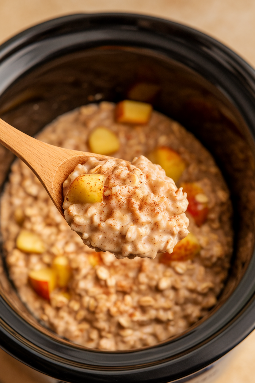 Indoor photo of a wooden spoon lifting cinnamon-speckled oatmeal with apple chunks from a slow cooker, no text or logos.