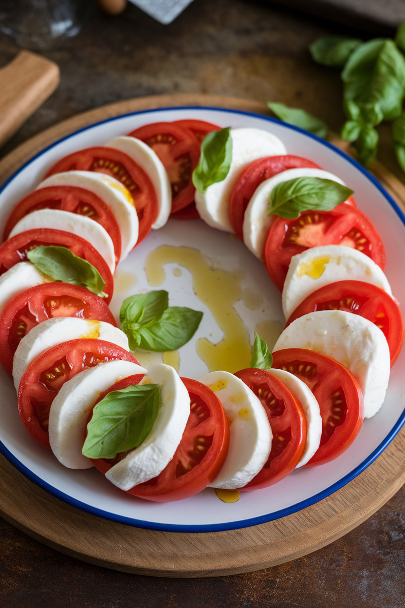 Indoor photo of a neatly plated caprese salad with ripe tomatoes, fresh mozzarella, basil leaves, and a drizzle of olive oil, no text or logos. Photo.