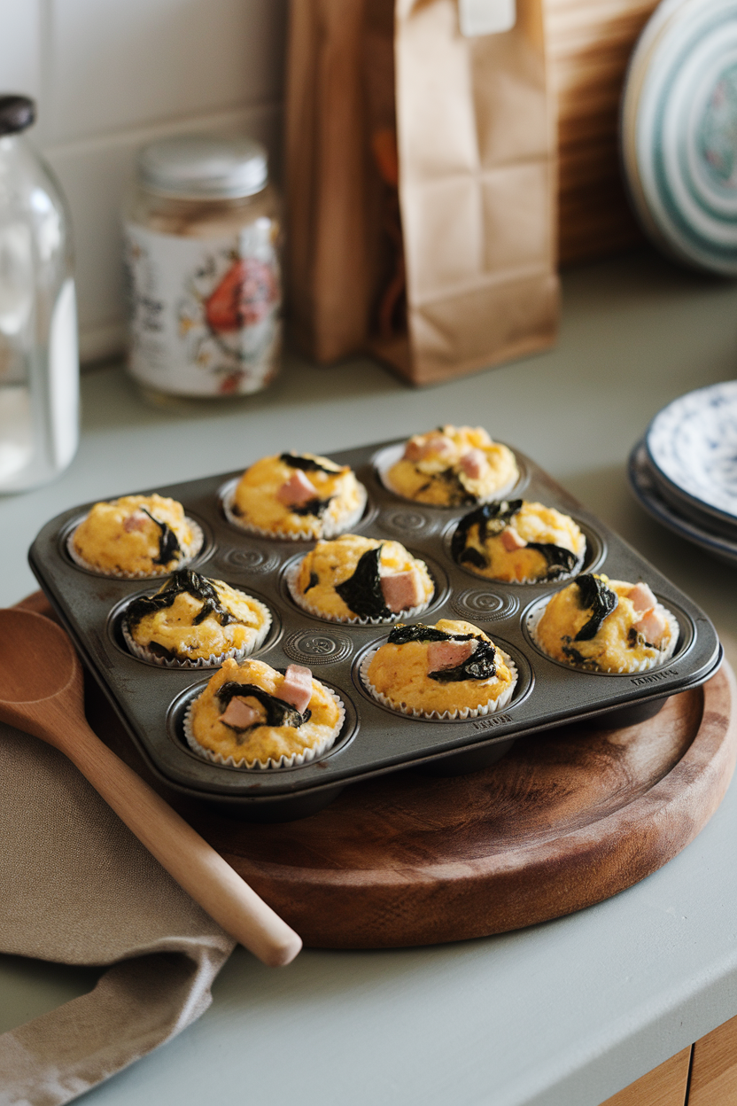 Photo of a muffin tin on an indoor kitchen counter filled with golden egg muffins featuring diced turkey breast and wilted spinach, steam gently rising. No logos on bakeware.