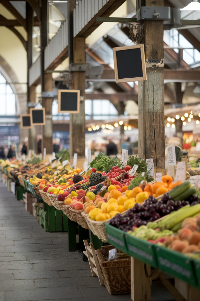 Photo prompt: An indoor market hall stall with baskets of vibrant fruits and vegetables, chalkboard price signs turned away from camera, no text or logos.