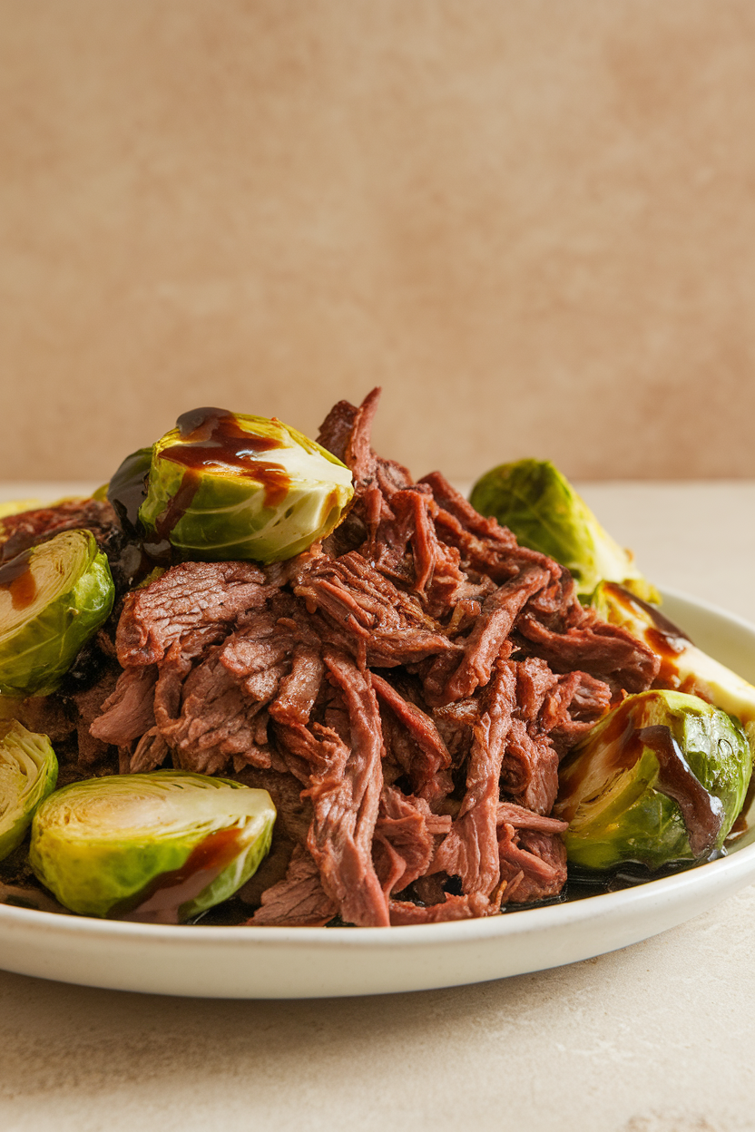 Indoor photo of shredded beef mingling with halved Brussels sprouts in a balsamic glaze, no text or logos present.