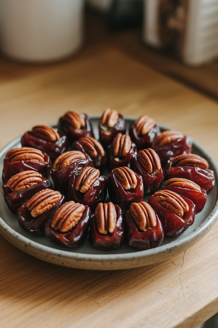 Photo of glossy Medjool dates split and filled with pecan halves on a ceramic plate indoors. No text or logos.