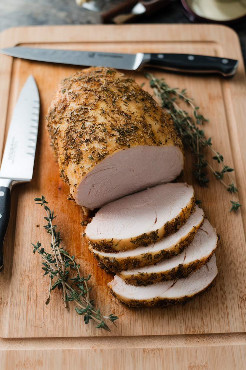 Photo of an indoor carving board with sliced herb-crusted turkey tenderloin, thyme sprigs scattered, no branding on knives or board.