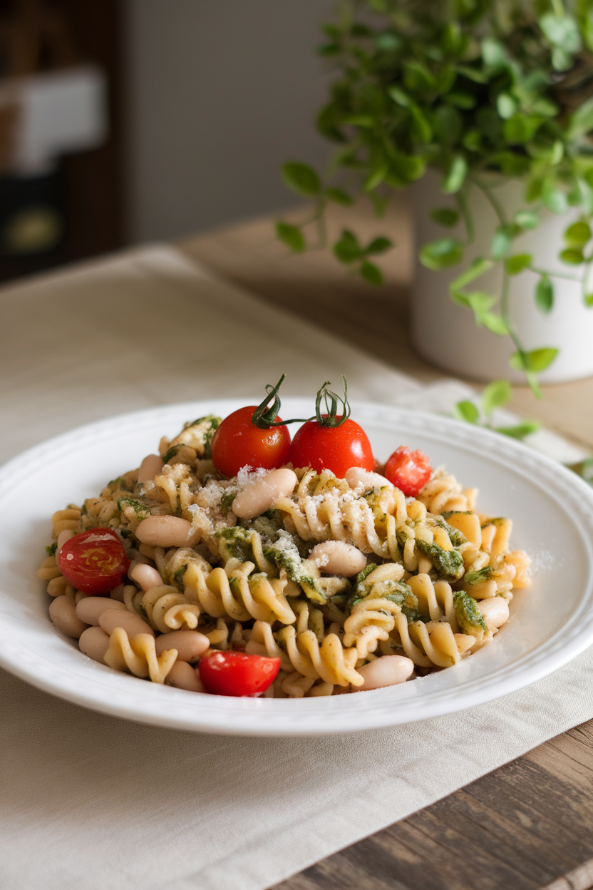 Indoor tabletop featuring a bowl of whole-wheat fusilli tossed with white beans, cherry tomatoes, and a light spinach pesto. No text or logos. Photo.