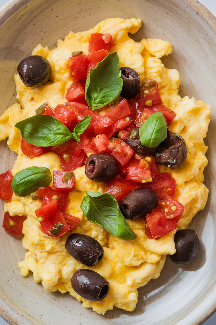 Indoor overhead shot of scrambled eggs mixed with diced tomatoes, olives, and fresh basil on a simple ceramic plate. No text or logos. Photo.