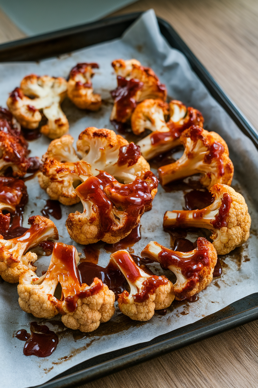 Indoor baking sheet with roasted cauliflower florets coated in sticky barbecue glaze, parchment beneath. No text or logos.