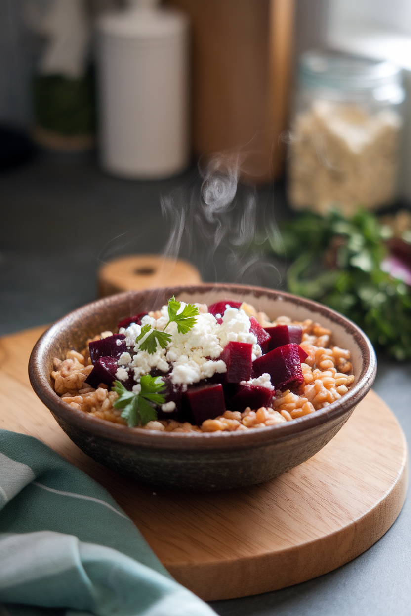 Photo of an indoor countertop setup with a rustic ceramic bowl holding farro, diced roasted beets, crumbled feta, and parsley, all lightly tossed. Steam from warm grains visible, no text or logos.