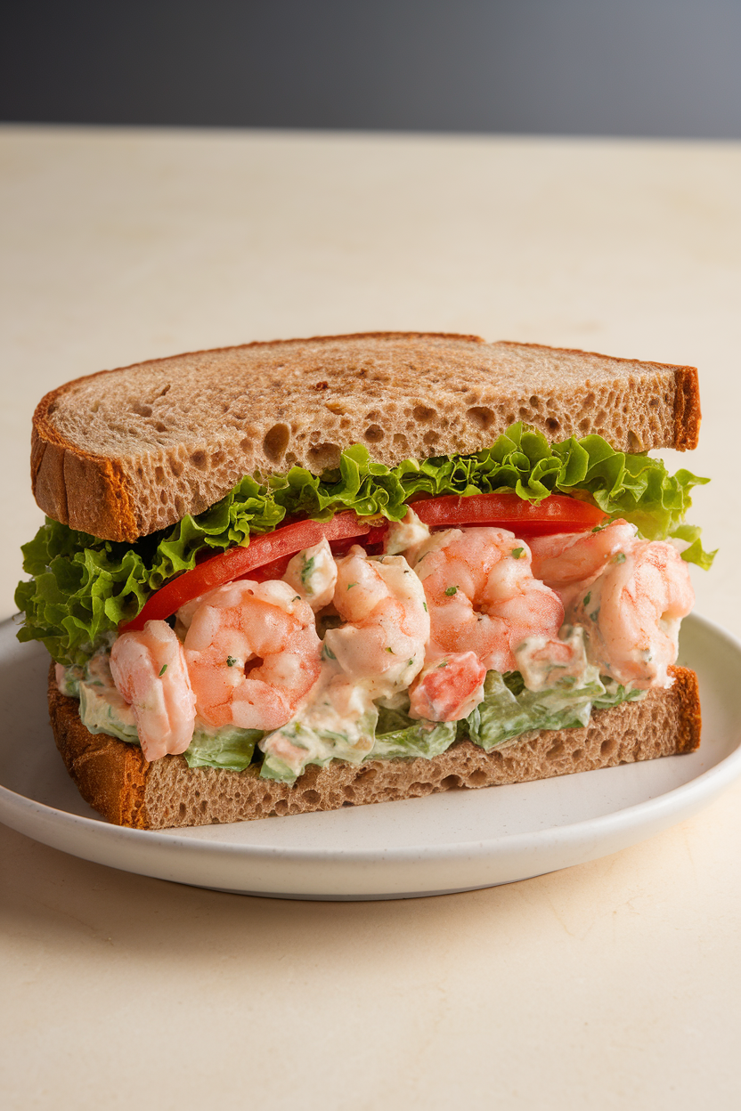 Indoor plate photo of whole-grain sandwich halves filled with creamy shrimp salad, lettuce, and tomato; soft side light, no text or logos.