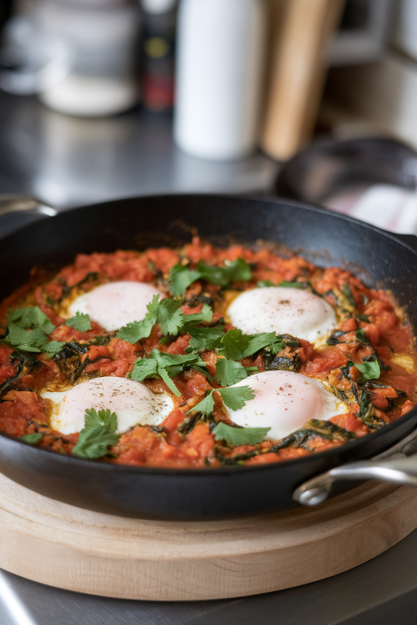 Indoor skillet photo of tomato-spinach sauce with poached eggs nestled in, cilantro sprinkled on top, no text or logos.