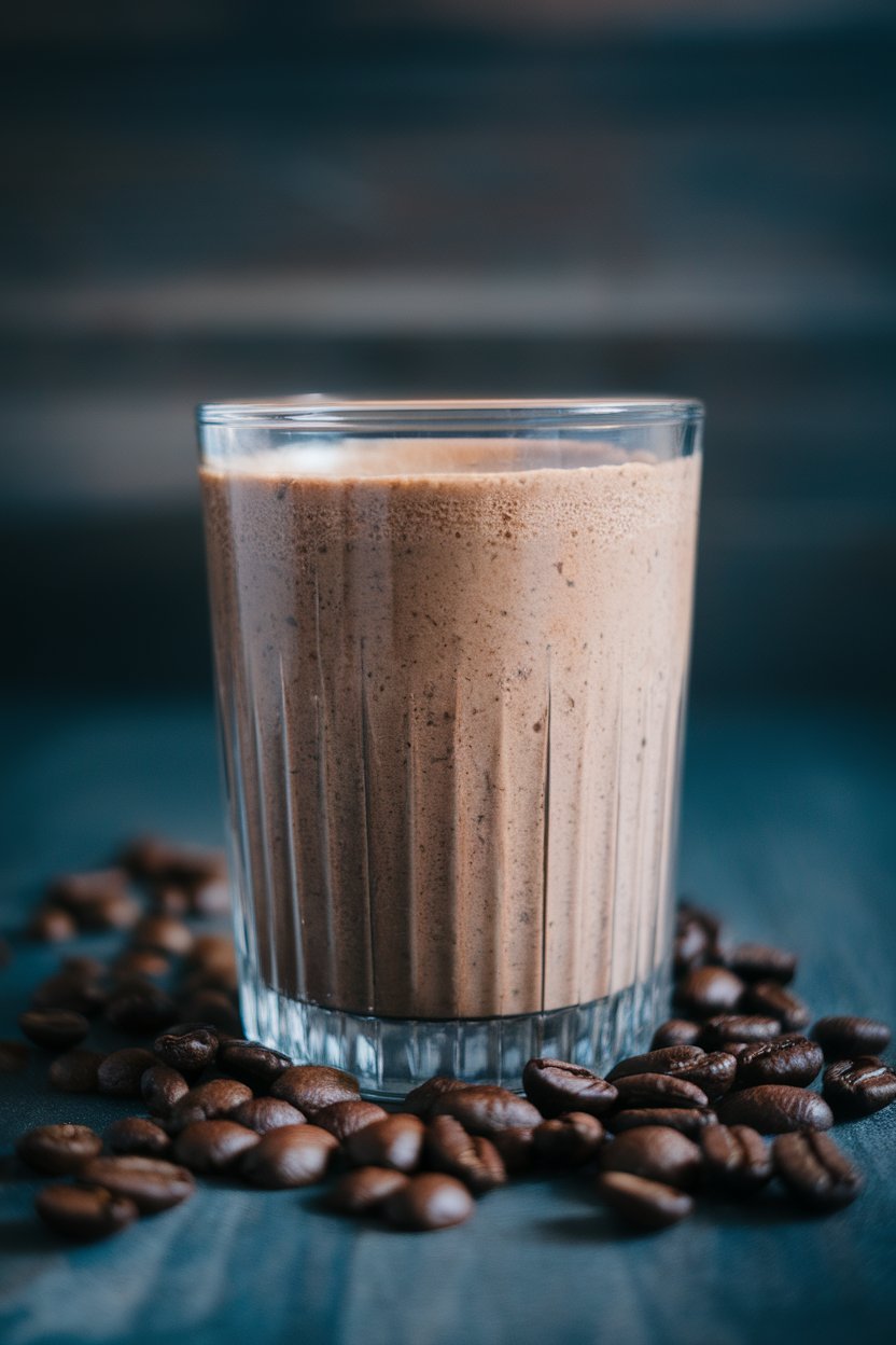 Indoor glass of chocolate-brown smoothie with coffee beans scattered nearby; cool toned light, no text or logos.