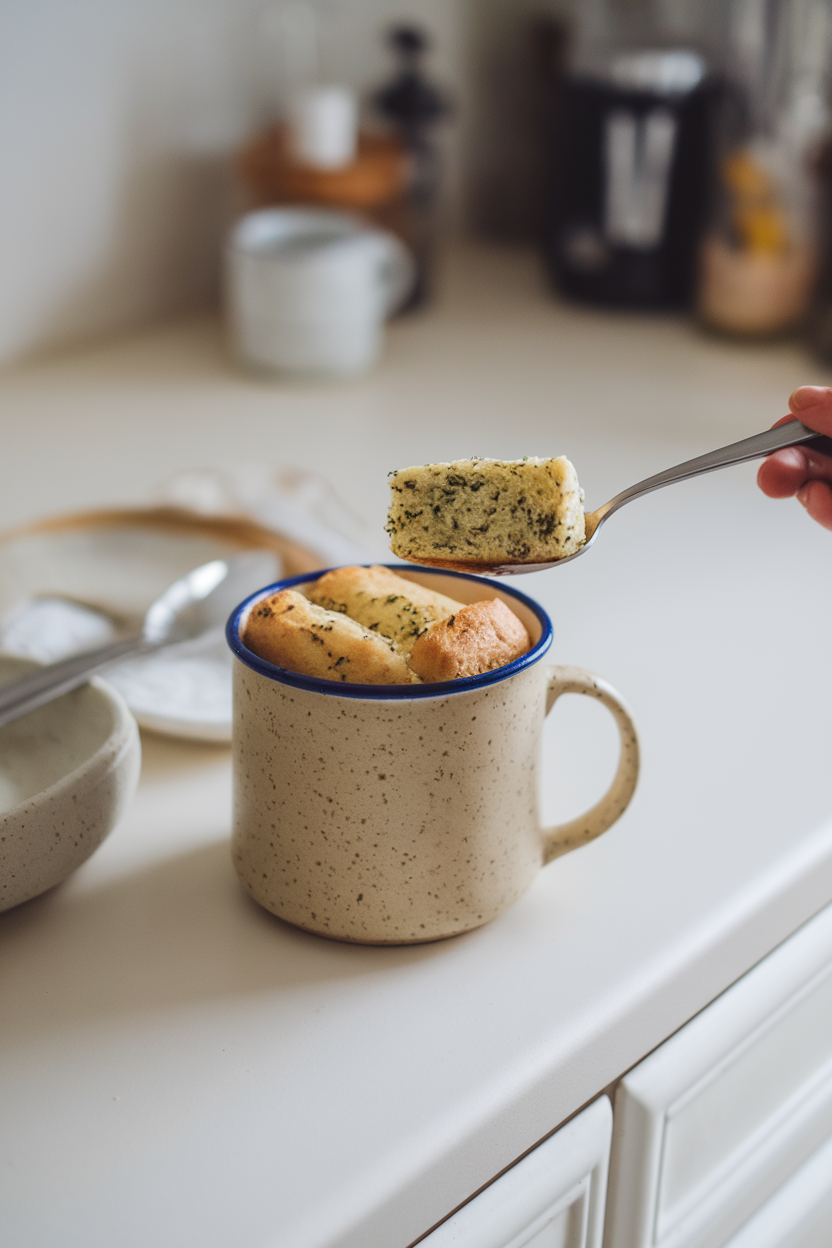 An indoor countertop with a mug containing freshly microwaved herb bread, a spoon scooping out a piece. No text or logos. Photo only.