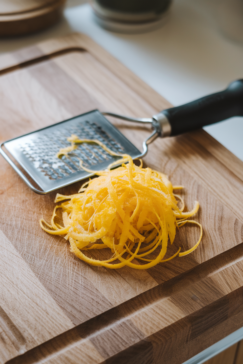 Photo prompt: An indoor cutting board with a microplane grater and bright lemon zest piled neatly, no text or branding.