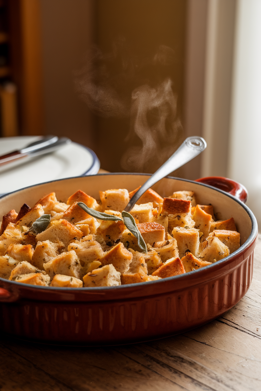 Photo of a warm indoor dining table with a ceramic baking dish filled with golden, cubed bread stuffing studded with sautéed onions and flecks of sage. A serving spoon rests in the dish, steam gently rising. No text or logos anywhere in the scene.