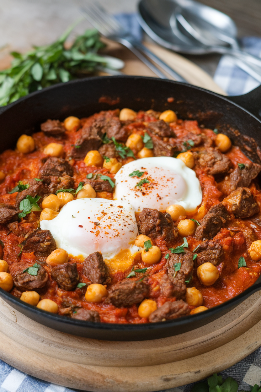 Indoor skillet with spicy tomato sauce studded with beef, chickpeas, and poached eggs on top. No logos; photo.