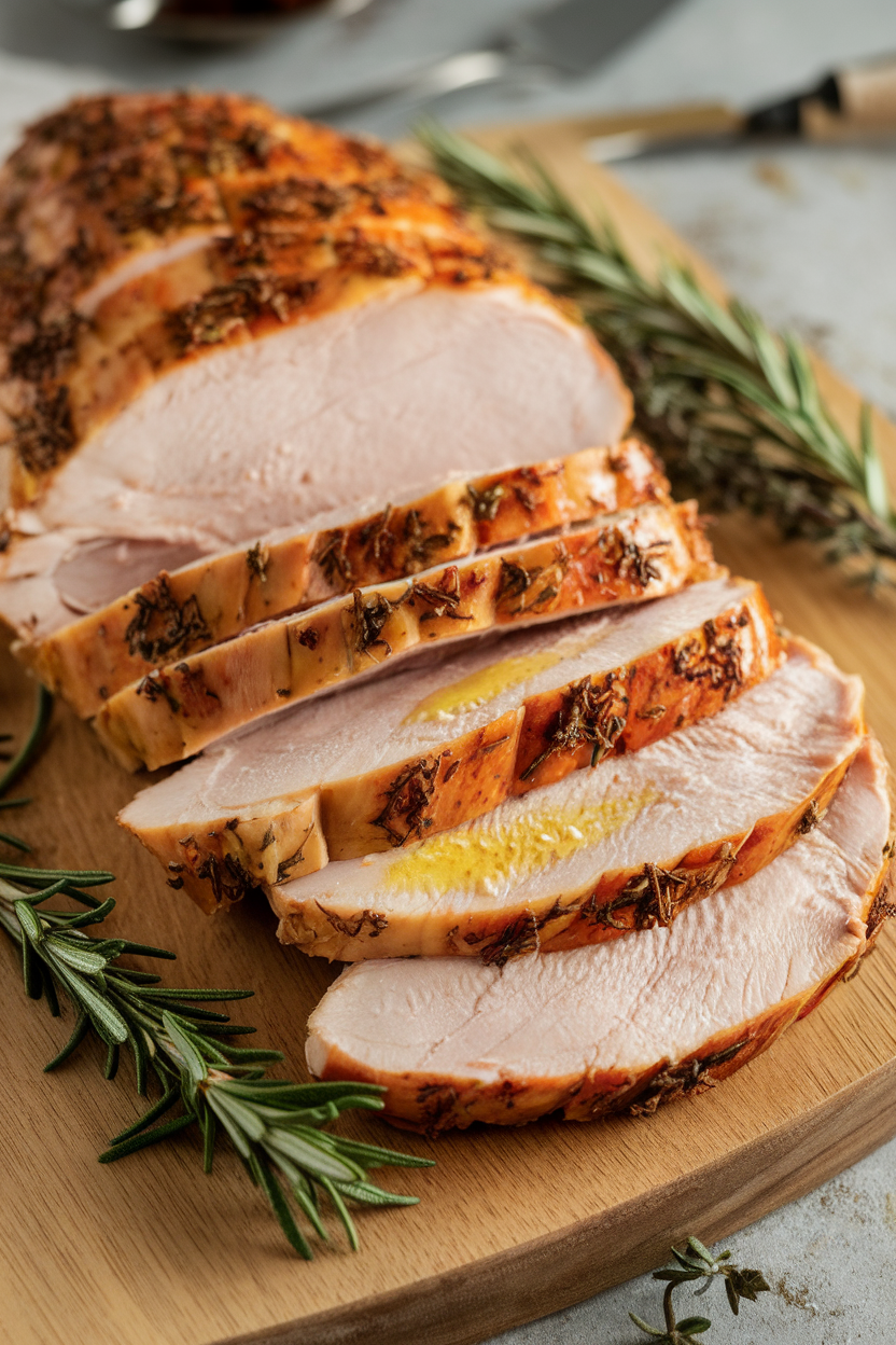 Indoor photo of sliced turkey breast drizzled with garlic butter on a wooden board, herbs scattered around, no text or logos.