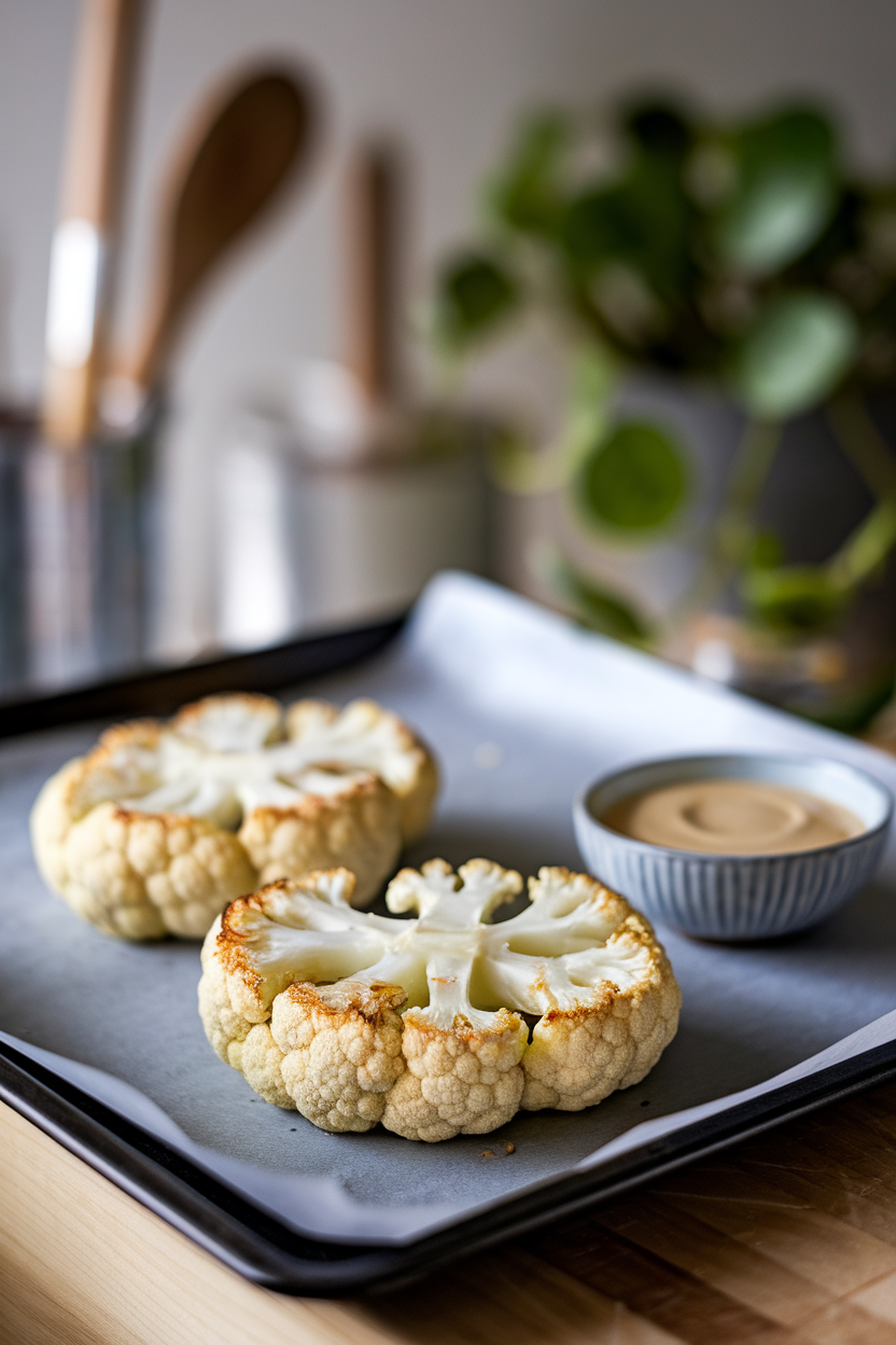 Baking sheet indoors with two thick cauliflower steaks, golden edges, small bowl of tahini sauce on the side, no text or logos