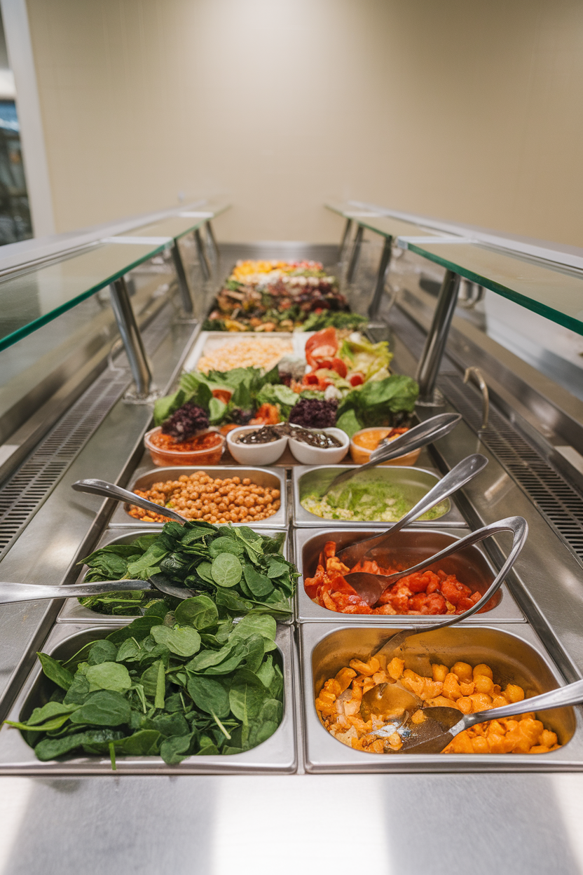 Indoor cafeteria line with vibrant salad bar options—spinach, chickpeas, roasted peppers—no text or logos. Photo.