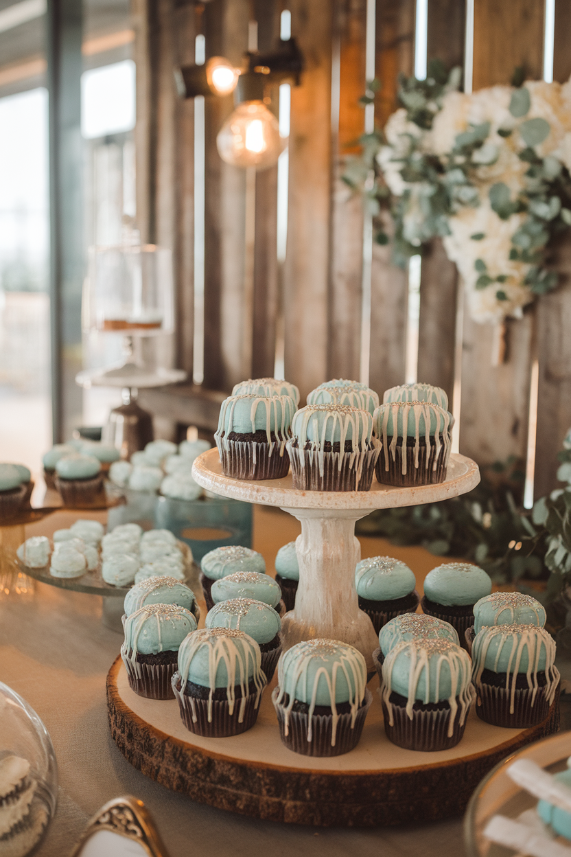 Photo of indoor dessert bar featuring cupcakes glazed with white chocolate drip over pale blue frosting and silver sprinkles, no text or logos.