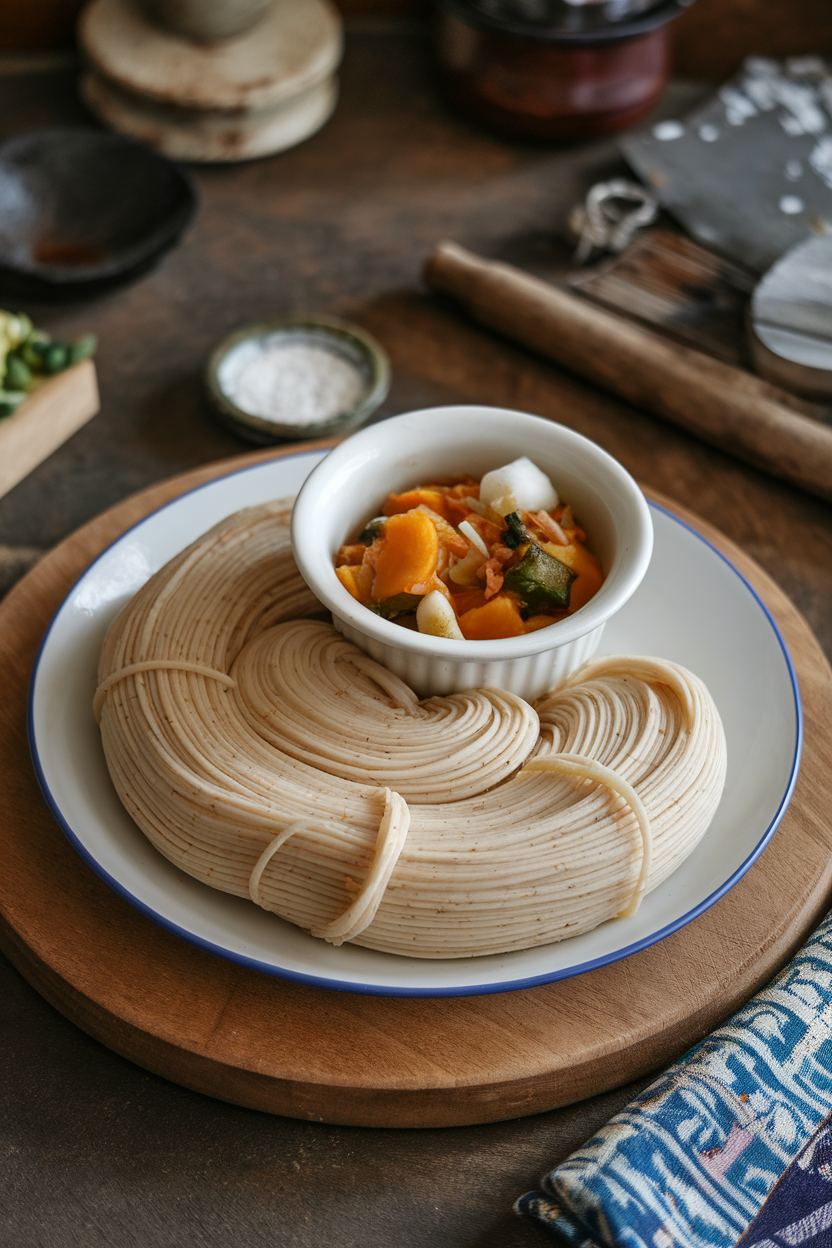 Photo prompt: An indoor plate of coiled rice noodles (idiyappam) beside a small bowl of coconut-based vegetable stew. No text or logos anywhere.