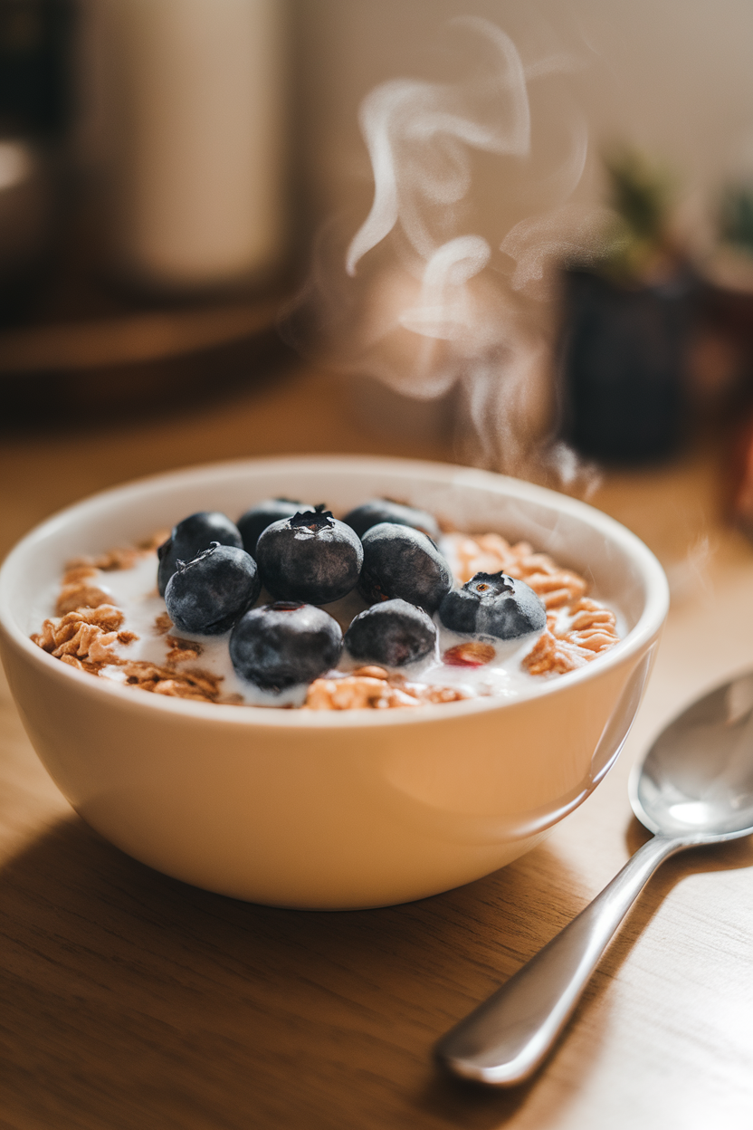 Indoor bowl photo of hot oat bran cereal topped with fresh blueberries and a splash of almond milk, no text or logos.