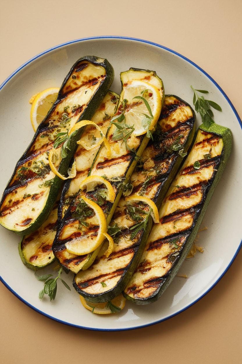 Indoor plate showing grilled zucchini spears garnished with lemon zest and herbs, no text or logos
