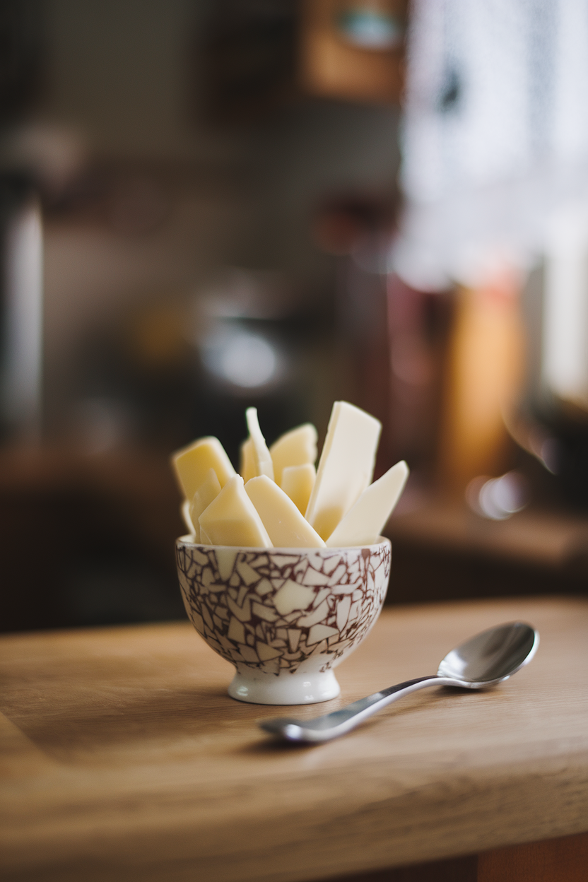 A photo inside a kitchen showing irregular white chocolate shards standing upright in a small bowl, no text or logos