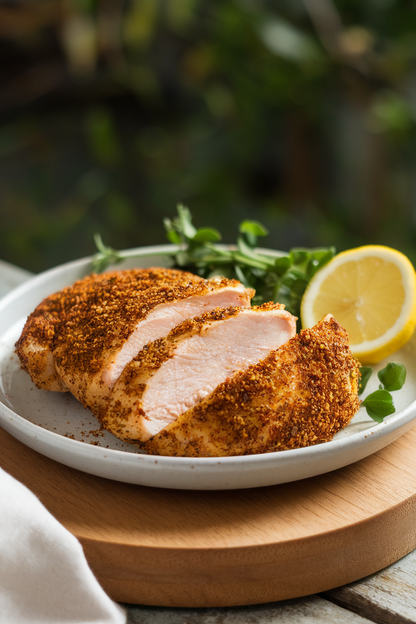 Indoor plate of air-fried chicken breast coated in speckled za’atar spice blend, lemon wedge on the side, 45-degree angle. No text or logos.