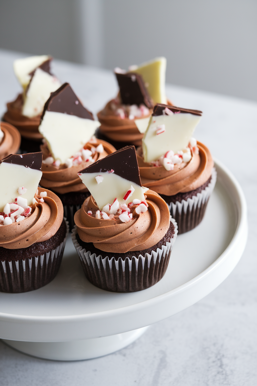 Photo of indoor plate with cupcakes sprinkled in shards of white-and-dark chocolate peppermint bark atop silky ganache, no text or logos.