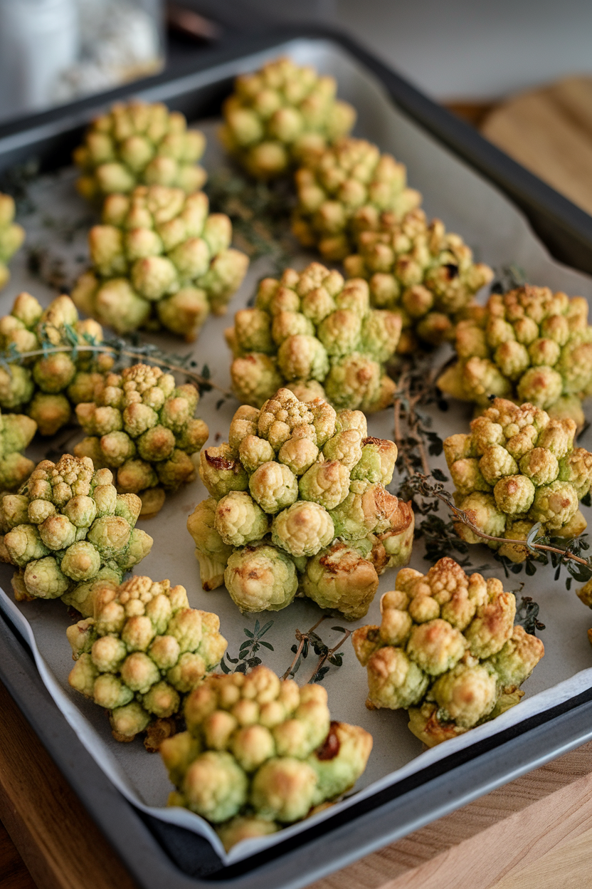 Indoor baking tray of chartreuse Romanesco florets roasted with thyme and oregano, lightly browned. No text or logos.
