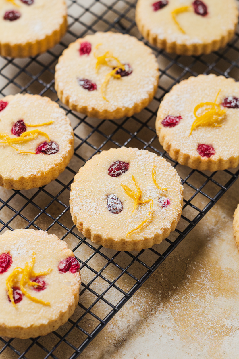 Indoor shot of round shortbread cookies flecked with cranberry and lemon zest on a cooling rack, no text or logos.