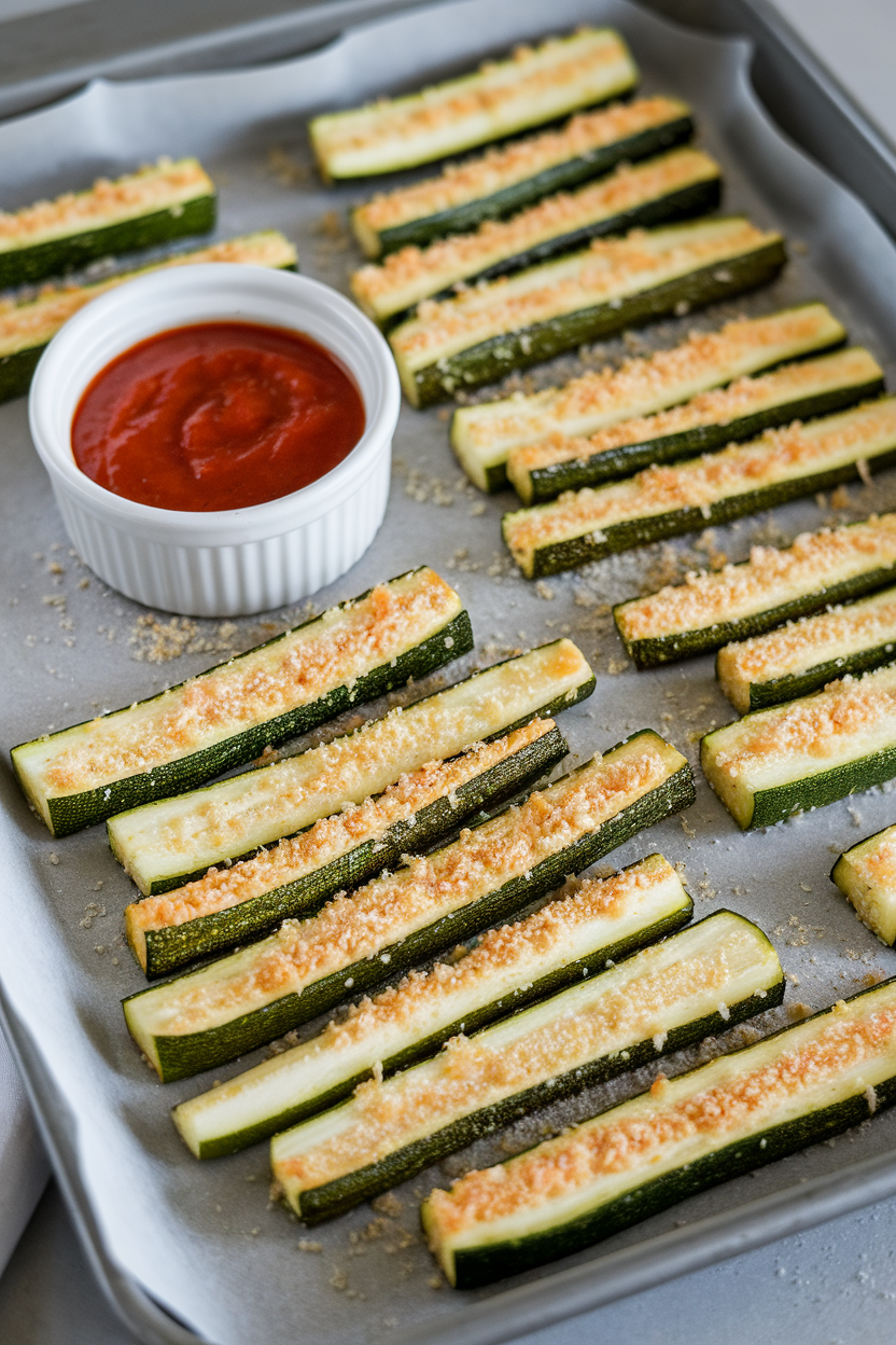 Indoor baking sheet filled with golden zucchini sticks coated in Parmesan, a small ramekin of marinara beside them. No text or logos.