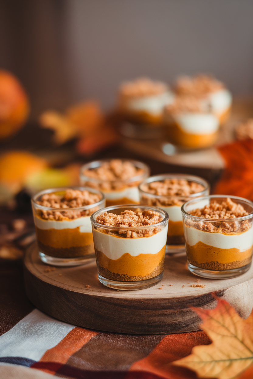 Indoor image of small glass cups layered with pumpkin cheesecake and graham crumbs, no text or logos.
