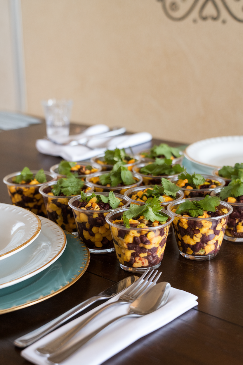 Indoor dining table with small clear cups of black bean and corn salsa garnished with chopped cilantro. No text or logos anywhere. Photo only.