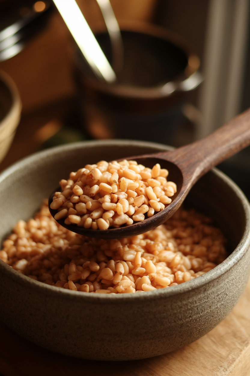 Indoor photo of a rustic wooden spoon heaped with pearled farro resting over a stoneware bowl; warm side lighting, no text or logos