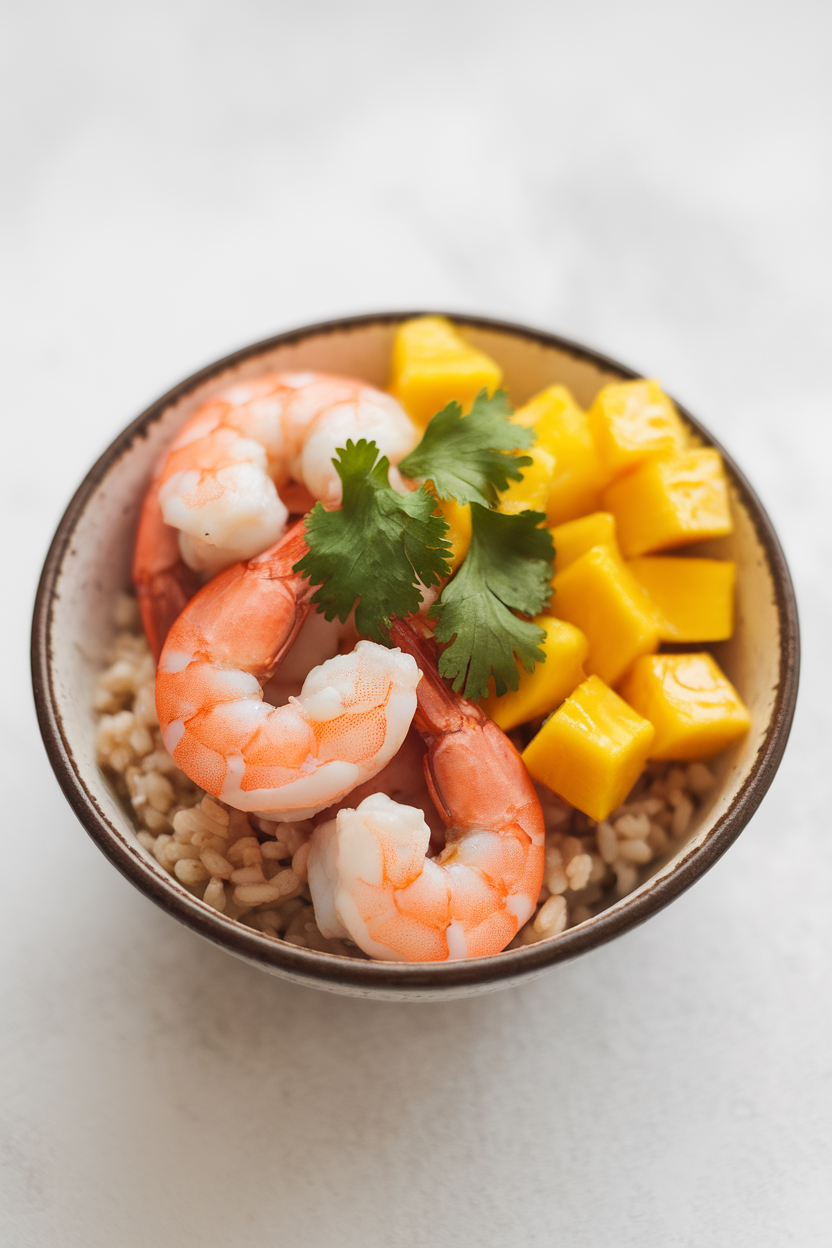 A small indoor bowl containing cooked shrimp, diced mango, brown rice, and cilantro garnish, colors vibrant. No text or logos; photo.