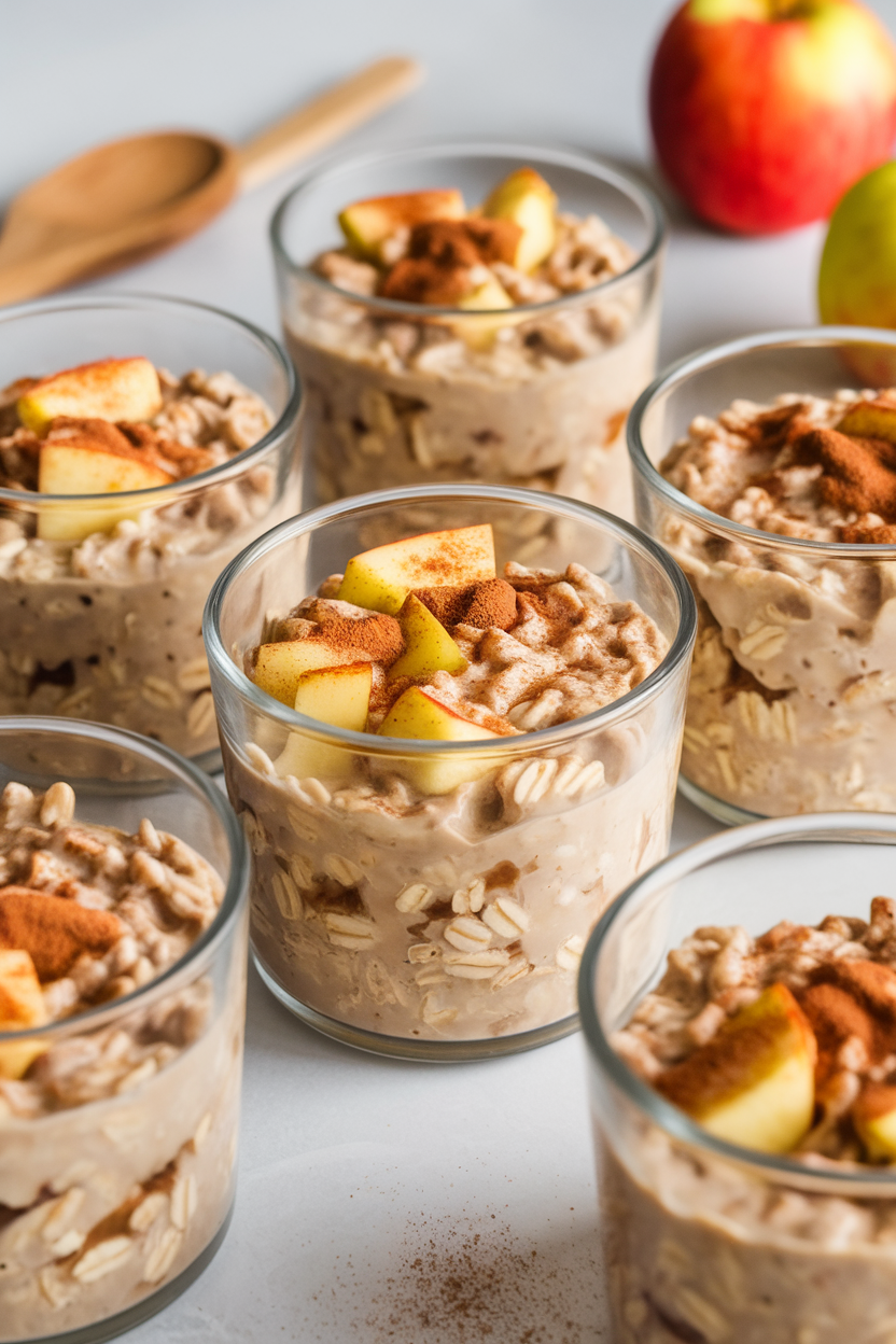 Indoor view of glass meal-prep cups containing thick steel-cut oats swirled with diced apples and a dusting of cinnamon. No logos or text visible. Photo, not illustration.