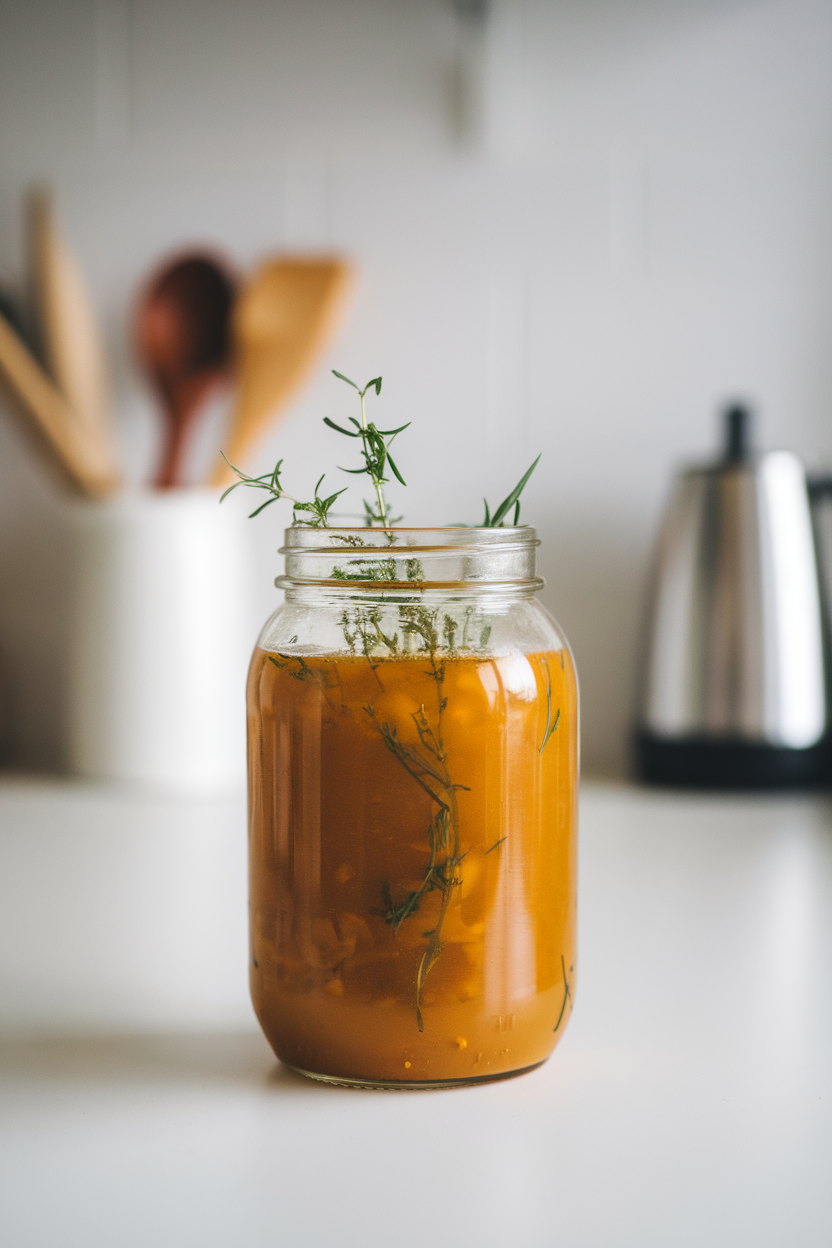 A clear glass jar of golden vegetable broth on an indoor counter with fresh herb sprigs floating, no text or logos, photo.