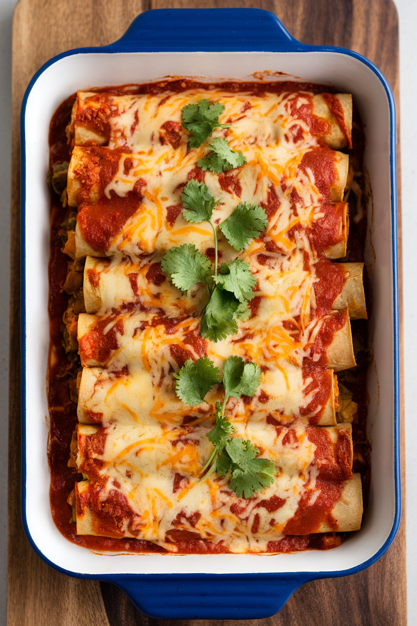 Indoor casserole dish of baked enchiladas smothered in red sauce and melted cheese, cilantro sprinkled on top. No branding. Photo.
