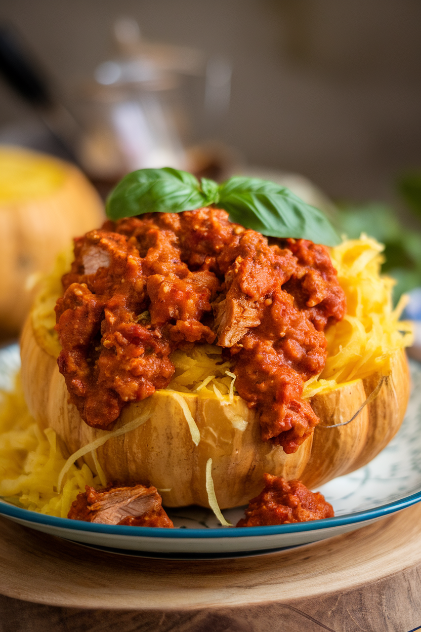 An indoor dinner plate displaying roasted spaghetti squash strands topped with a rich turkey Bolognese sauce. No logos or text.
